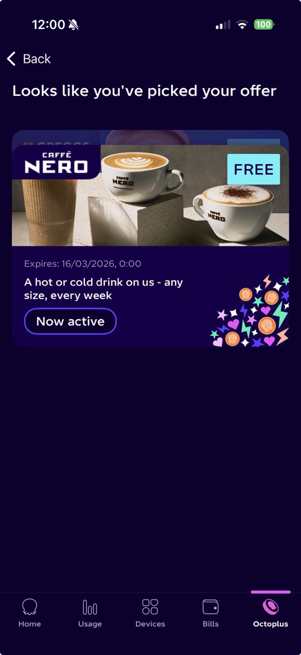 Octopus app showing the claimed coffee reward barcode ready to scan